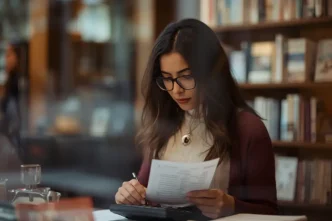Persona revisando documentos y calculando datos financieros en una biblioteca o despacho