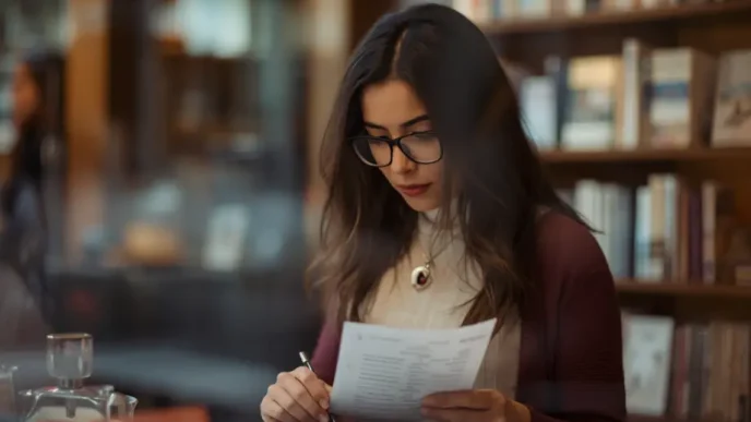 Persona revisando documentos y calculando datos financieros en una biblioteca o despacho