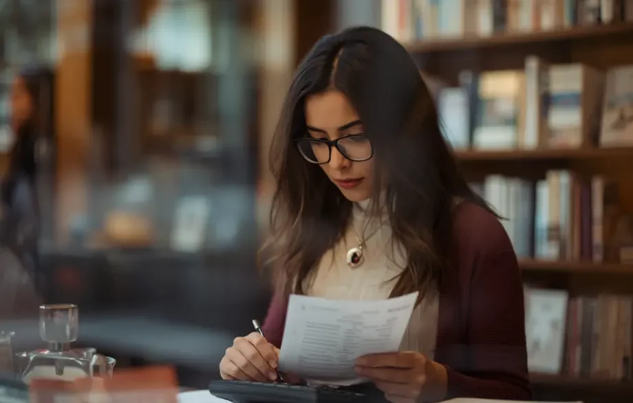 Persona revisando documentos y calculando datos financieros en una biblioteca o despacho