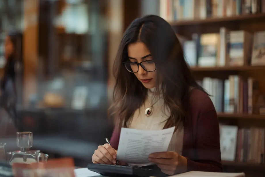 Persona revisando documentos y calculando datos financieros en una biblioteca o despacho