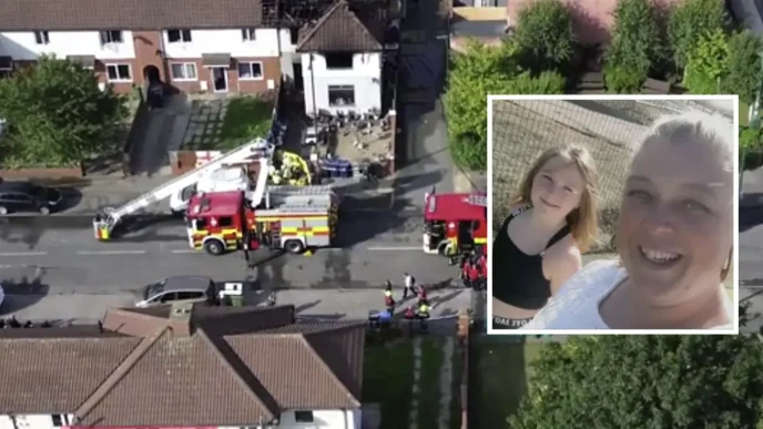 Vista aérea de la vivienda afectada por el incendio junto a un recuadro con las víctimas Valentina Foster y Natalie McDonald