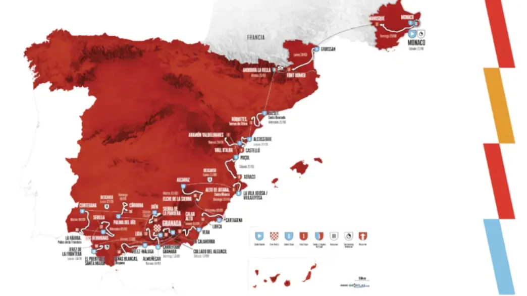 Mapa oficial con el recorrido general de la Vuelta a España 2026 a través de España, Francia, Andorra y Mónaco