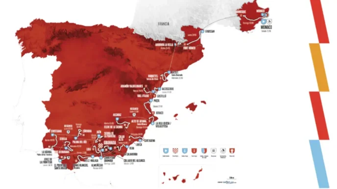 Mapa oficial con el recorrido general de la Vuelta a España 2026 a través de España, Francia, Andorra y Mónaco