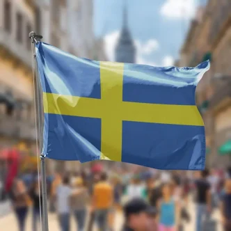 Bandera de Suecia ondeando en una calle urbana concurrida
