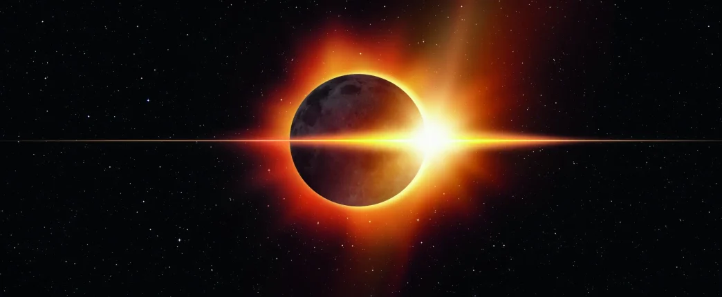 Representación de un eclipse solar total con la corona de luz brillando alrededor de la Luna