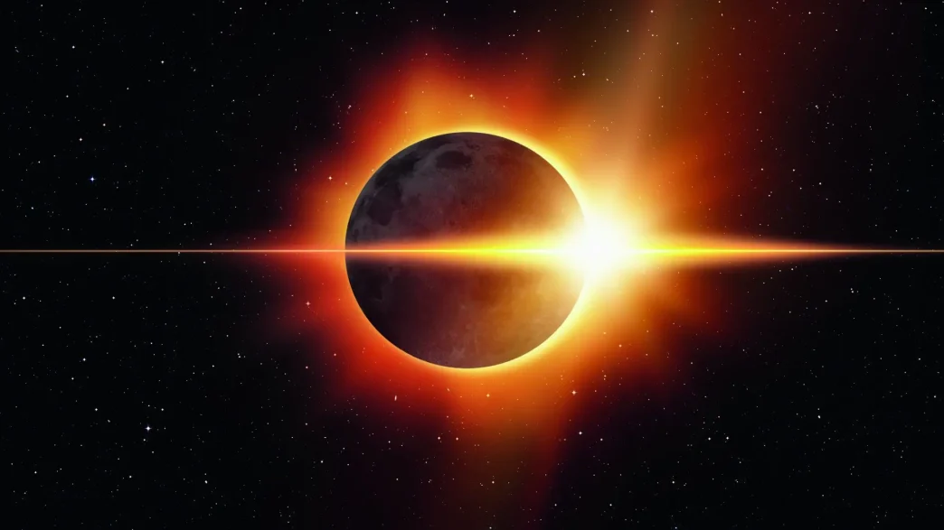 Representación de un eclipse solar total con la corona de luz brillando alrededor de la Luna