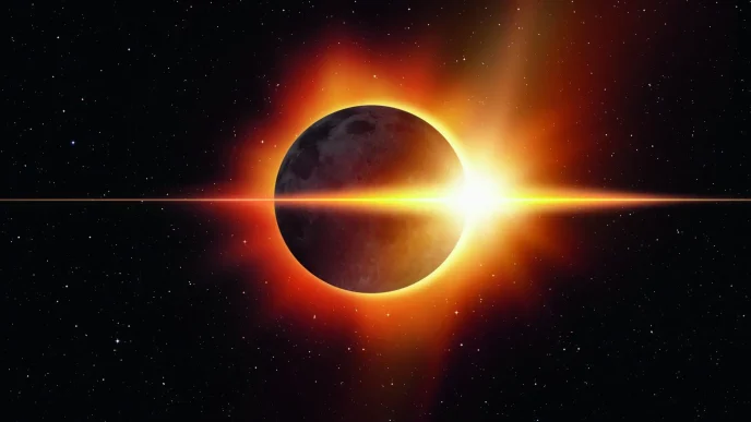 Representación de un eclipse solar total con la corona de luz brillando alrededor de la Luna
