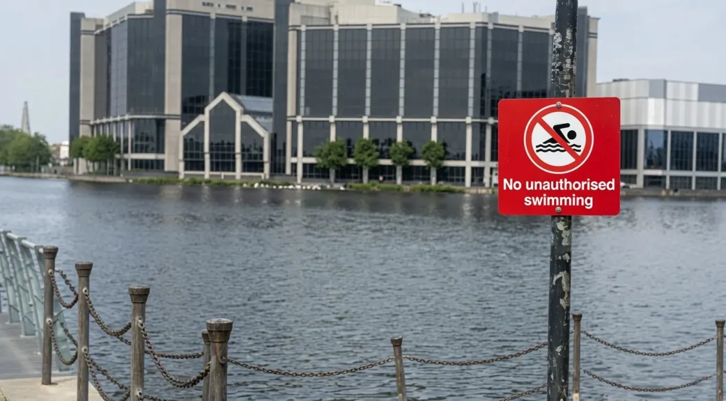 Cartel de advertencia de prohibido nadar junto a la orilla del muelle exterior de Millwall.