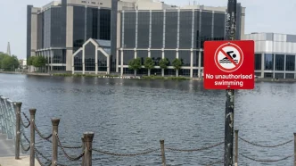 Cartel de advertencia de prohibido nadar junto a la orilla del muelle exterior de Millwall.