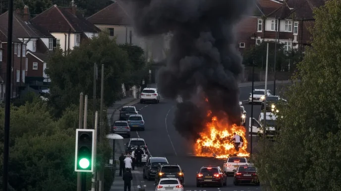 Coche envuelto en llamas y denso humo negro en medio de una carretera residencial.