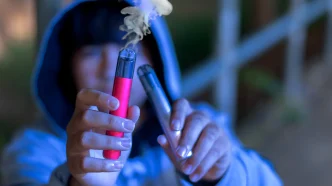 Persona con capucha sosteniendo dos cigarrillos electrónicos en las manos, uno de ellos emitiendo humo.