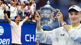 Composición doble que muestra a Alexander Zverev celebrando con los brazos en alto y a Elena Rybakina sosteniendo el trofeo del US Open.