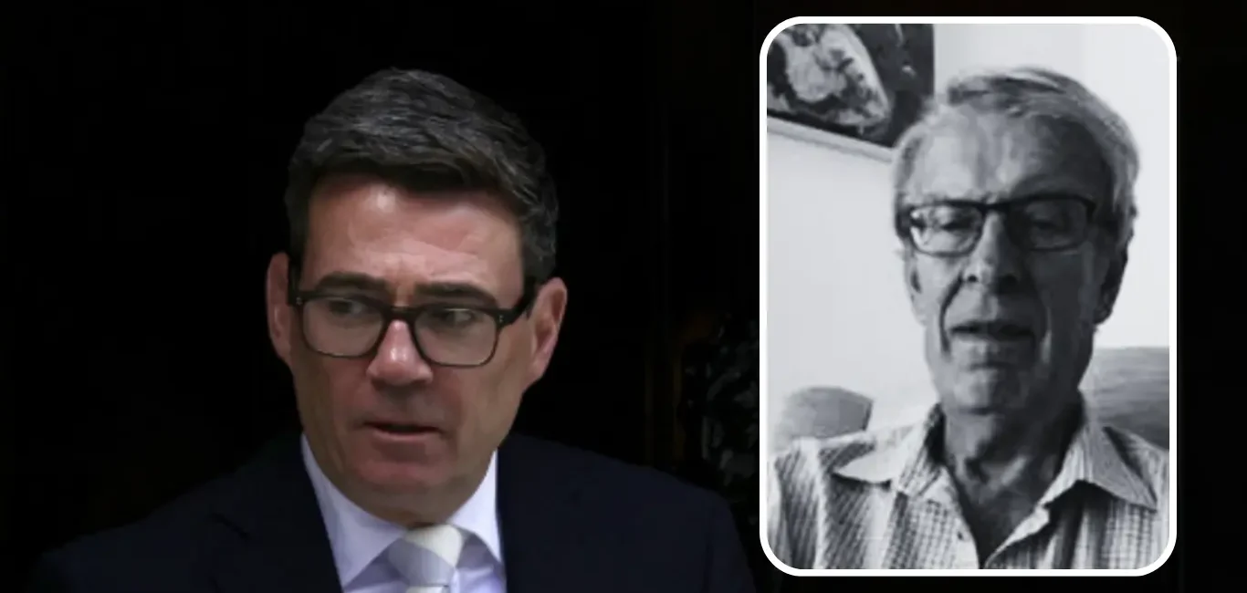 Composición con el primer ministro británico Andy Burnham a la izquierda y un retrato en blanco y negro de su padre Roy Burnham a la derecha.