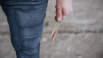 Mano sosteniendo un cuchillo ensangrentado sobre un fondo desenfocado.