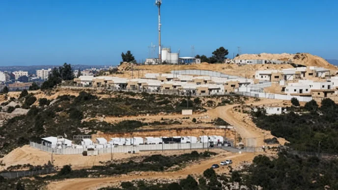 Vista panorámica de un asentamiento israelí con estructuras blancas y vallas sobre una colina en Cisjordania.
