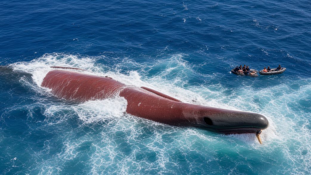 Casco de un barco semihundido en mar abierto rodeado de fuerte oleaje durante las labores de rescate.