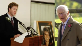 Composición con el conde Charles Spencer hablando en un atril junto a un retrato de Diana y el rey Carlos III.