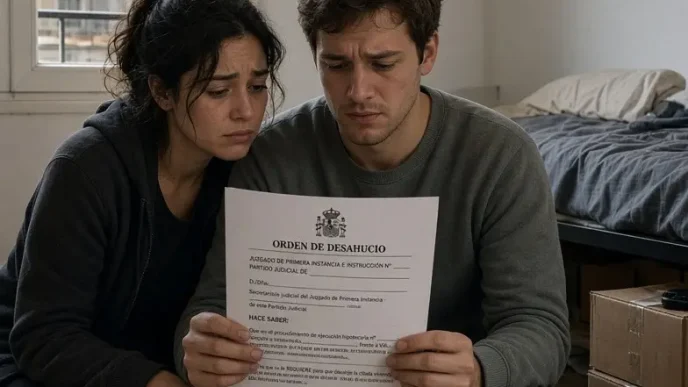 Pareja joven sentada en el suelo de su vivienda sosteniendo con preocupación una notificación judicial con la cabecera "ORDEN DE DESAHUCIO".