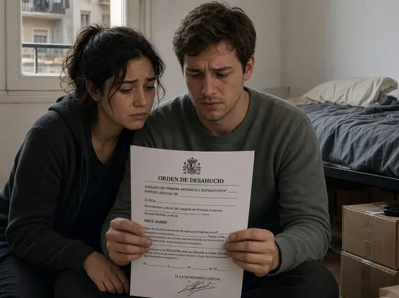 Pareja joven sentada en el suelo de su vivienda sosteniendo con preocupación una notificación judicial con la cabecera "ORDEN DE DESAHUCIO".