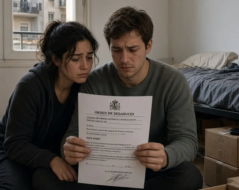 Pareja joven sentada en el suelo de su vivienda sosteniendo con preocupación una notificación judicial con la cabecera "ORDEN DE DESAHUCIO".
