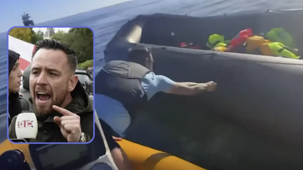 Daniel Thomas en un video rajando el lateral de una lancha neumática de migrantes en alta mar con un recuadro de su rostro.