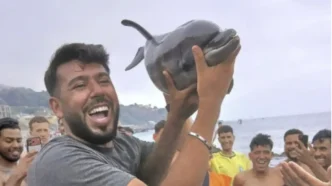 Hombre exhibiendo fuera del agua a una cría de delfín en la playa Trampolín de Ceuta rodeado de personas.