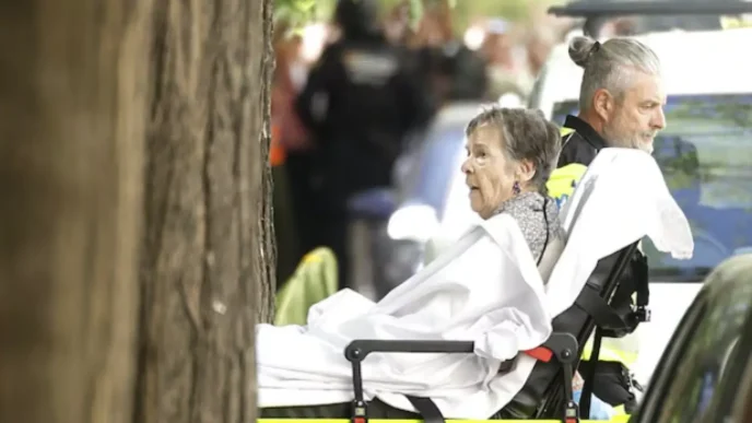 Maricarmen Abascal, de 87 años, trasladada en camilla por sanitarios tras ser desahuciada de su vivienda en el barrio de Retiro en Madrid.