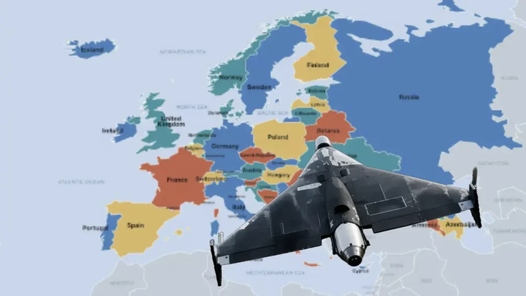 Ilustración de un dron militar Gerbera sobrevolando un mapa político de Europa en dirección al Mediterráneo.
