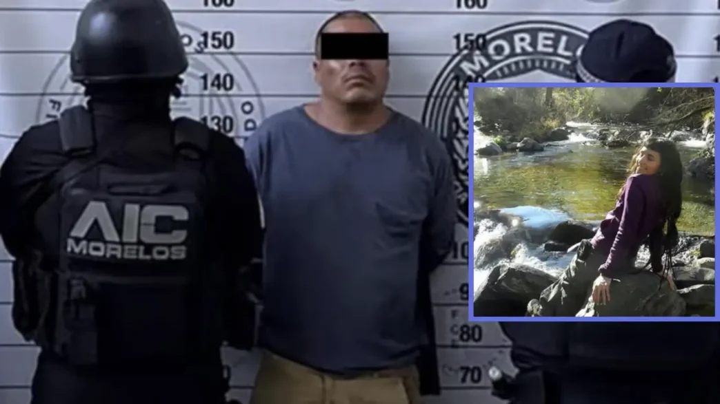 rancisco Javier, alias 'El Trompas', custodiado por agentes en Morelos junto a un recuadro con la fotografía de Claudia Tacoronte.