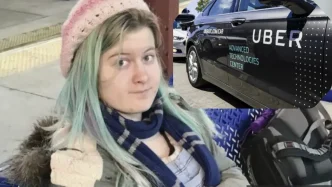 Retrato de Emily Normandin-Parker junto a un vehículo de la plataforma Uber.