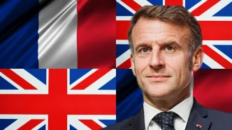 Retrato del presidente francés Emmanuel Macron superpuesto con las banderas de Francia y del Reino Unido