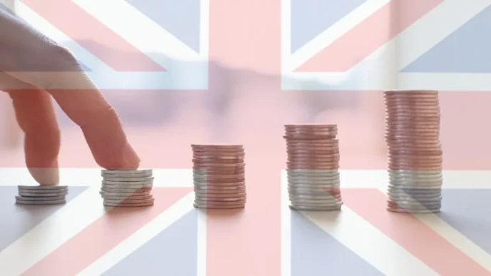 Pilas de monedas apiladas en orden ascendente sobre una bandera británica superpuesta.