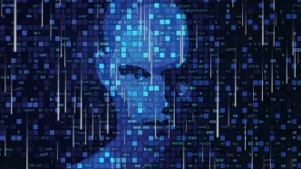 Ilustración digital de un rostro humano proyectado en código binario y flujo de datos azules sobre fondo oscuro.