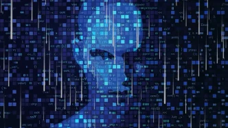 Ilustración digital de un rostro humano proyectado en código binario y flujo de datos azules sobre fondo oscuro.