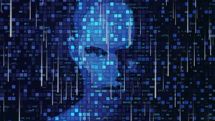 Ilustración digital de un rostro humano proyectado en código binario y flujo de datos azules sobre fondo oscuro.
