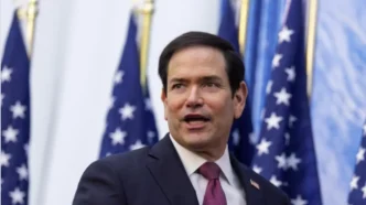 Marco Rubio, secretario de Estado de EE. UU., ofreciendo un discurso frente a banderas estadounidenses.