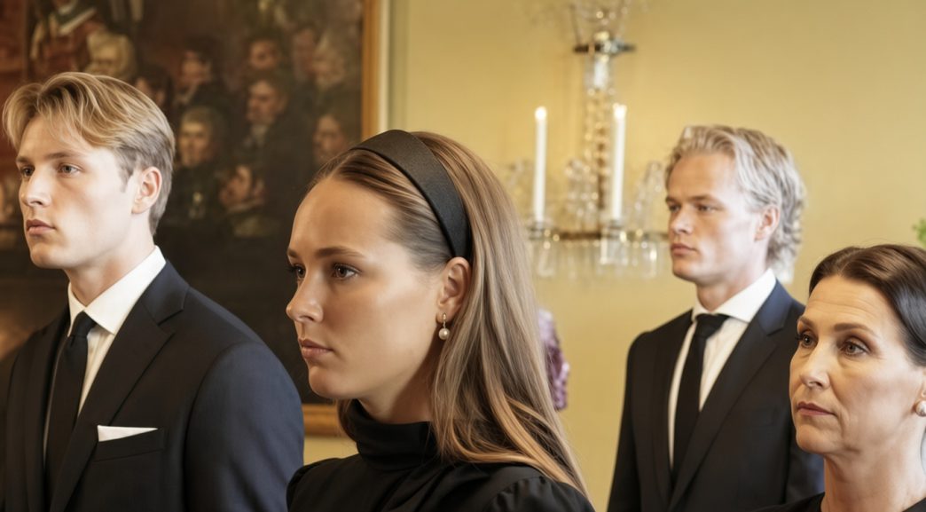 Marius Borg Høiby con traje oscuro y actitud seria junto a familiares durante las exequias reales.