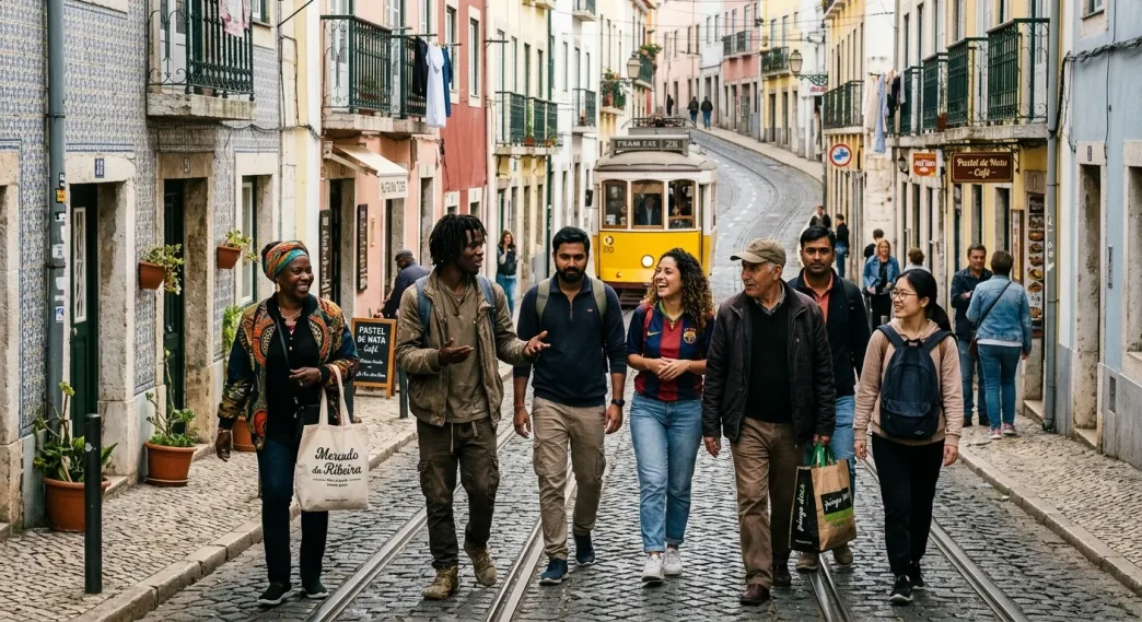 Grupo diverso de personas caminando por una calle empedrada de Lisboa con un tranvía tradicional al fondo