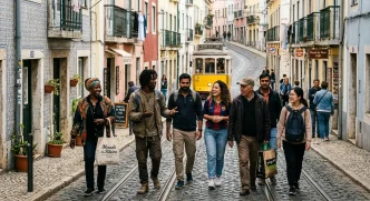 Grupo diverso de personas caminando por una calle empedrada de Lisboa con un tranvía tradicional al fondo