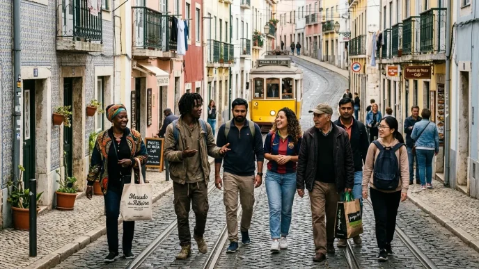 Grupo diverso de personas caminando por una calle empedrada de Lisboa con un tranvía tradicional al fondo