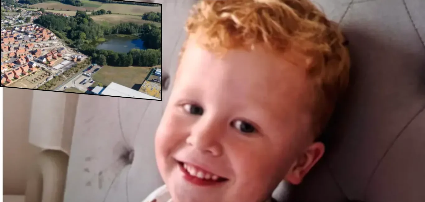 Noah Woods sonriendo a la cámara y una vista aérea de la zona de búsqueda en Brantham.