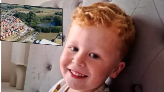 Noah Woods sonriendo a la cámara y una vista aérea de la zona de búsqueda en Brantham.
