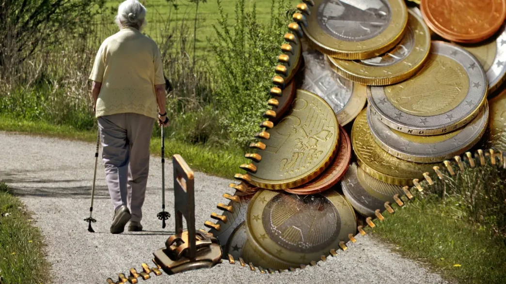Fotomontaje que muestra a una persona mayor caminando con bastones junto a una cremallera que abre un fondo repleto de monedas.