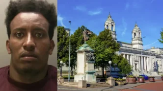 Retrato policial de Radiet Meles junto a la fachada exterior del Tribunal de la Corona de Cardiff.