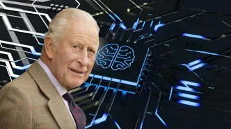 Composición digital con la figura del rey Carlos III de Inglaterra junto a un fondo abstracto de circuitos integrados e inteligencia artificial.