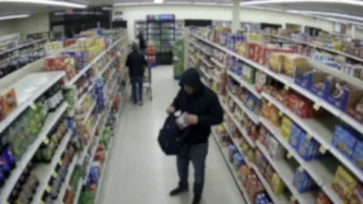 ombre encapuchado guardando productos en un bolso dentro del pasillo de un supermercado captado por cámara de seguridad.
