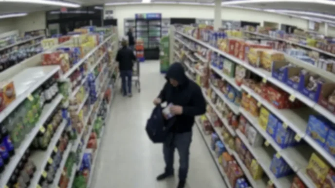 ombre encapuchado guardando productos en un bolso dentro del pasillo de un supermercado captado por cámara de seguridad.