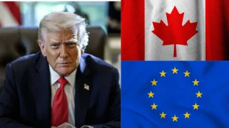 Composición con el presidente estadounidense Donald Trump y las banderas oficiales de Canadá y la Unión Europea.