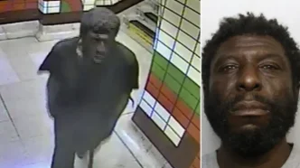 Composición con la captura de cámaras de seguridad del sospechoso en la estación y la foto policial de Vincent Saxon.