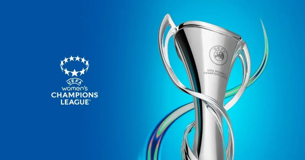 rofeo oficial de la UEFA Women's Champions League junto al logotipo del torneo sobre un fondo azul brillante.